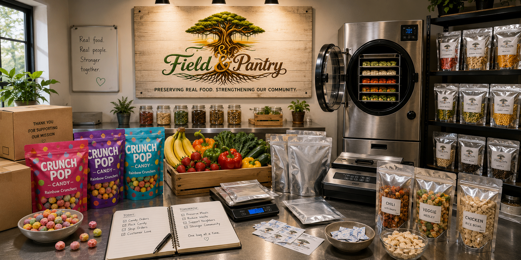 Field & Pantry workspace with the Crunch Pop Candy bags, fresh produce, a freeze-dryer, and the Field & Pantry mission sign on the wall