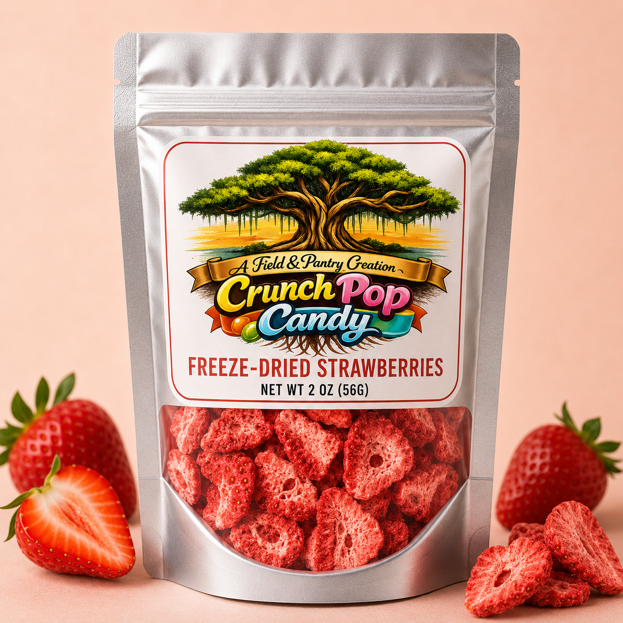 Crunch Pop Candy Freeze-Dried Strawberries resealable pouch with strawberry slices inside