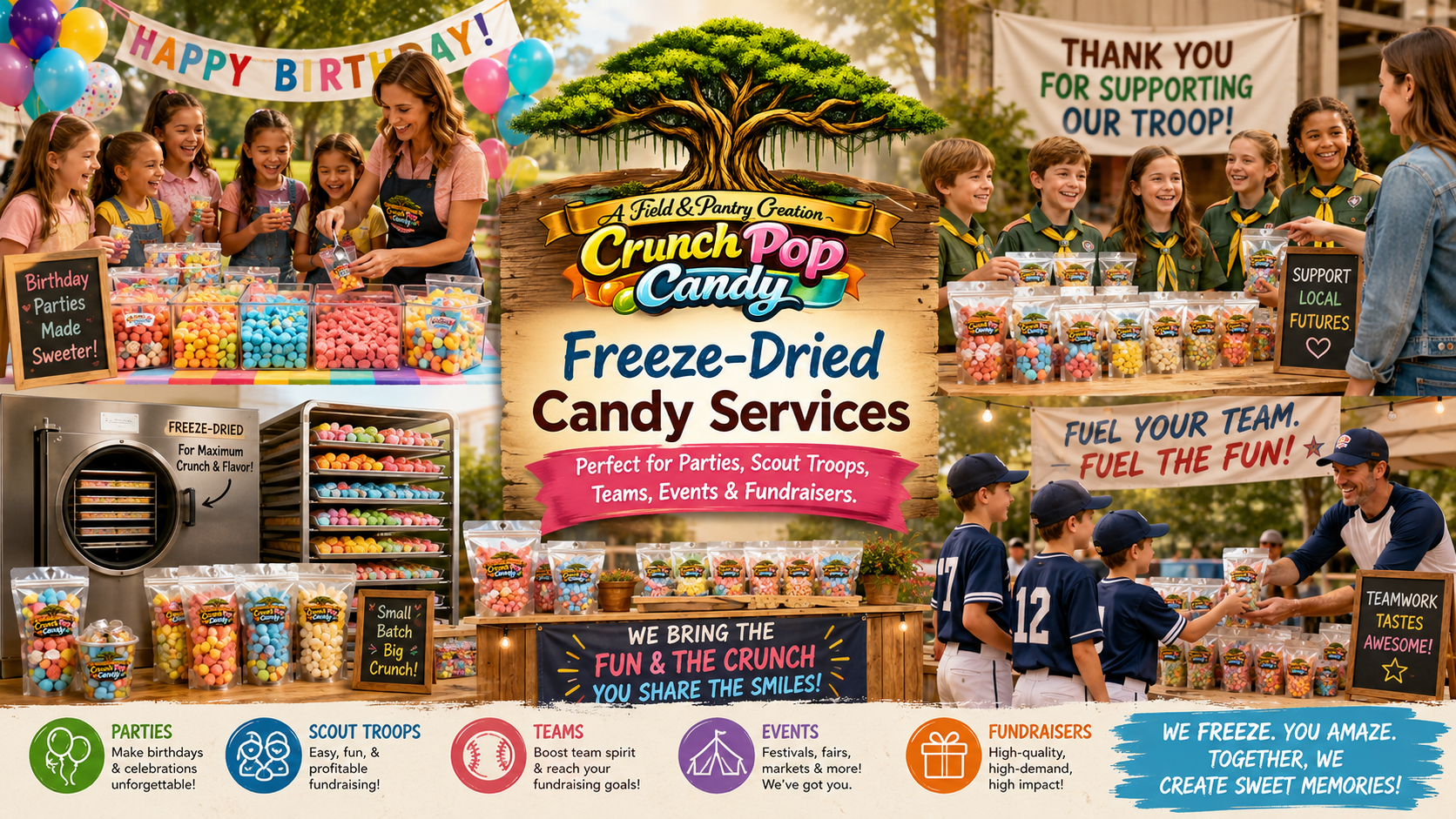 Crunch Pop Candy freeze-dried candy fundraising services for parties, scout troops, teams, events, and fundraisers