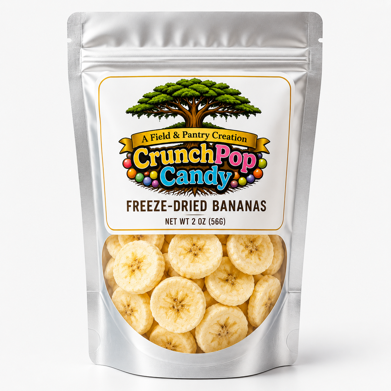 Crunch Pop Candy Freeze-Dried Bananas resealable pouch with banana slices inside