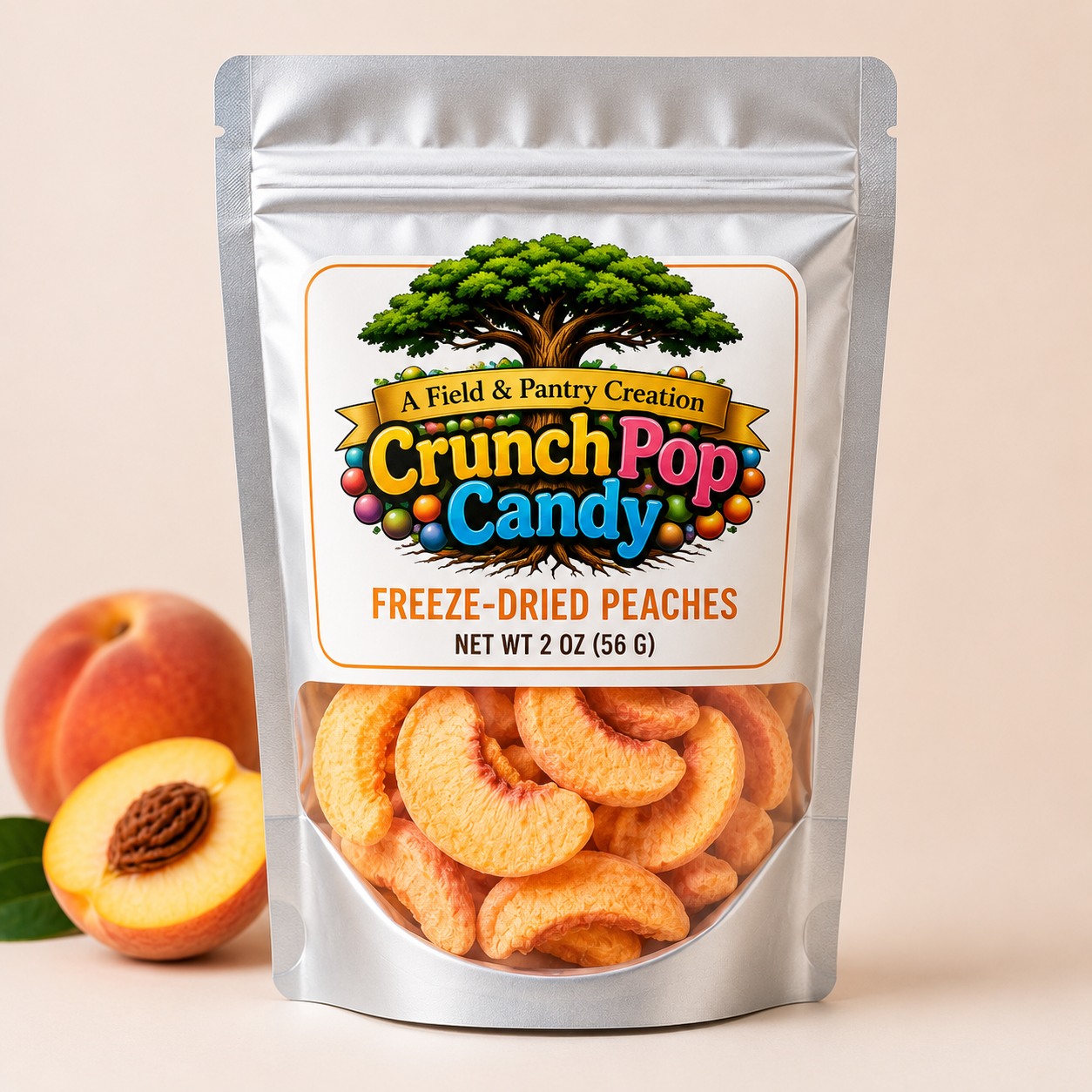 Crunch Pop Candy Freeze-Dried Peaches 2 oz resealable pouch beside a fresh whole peach and a halved peach