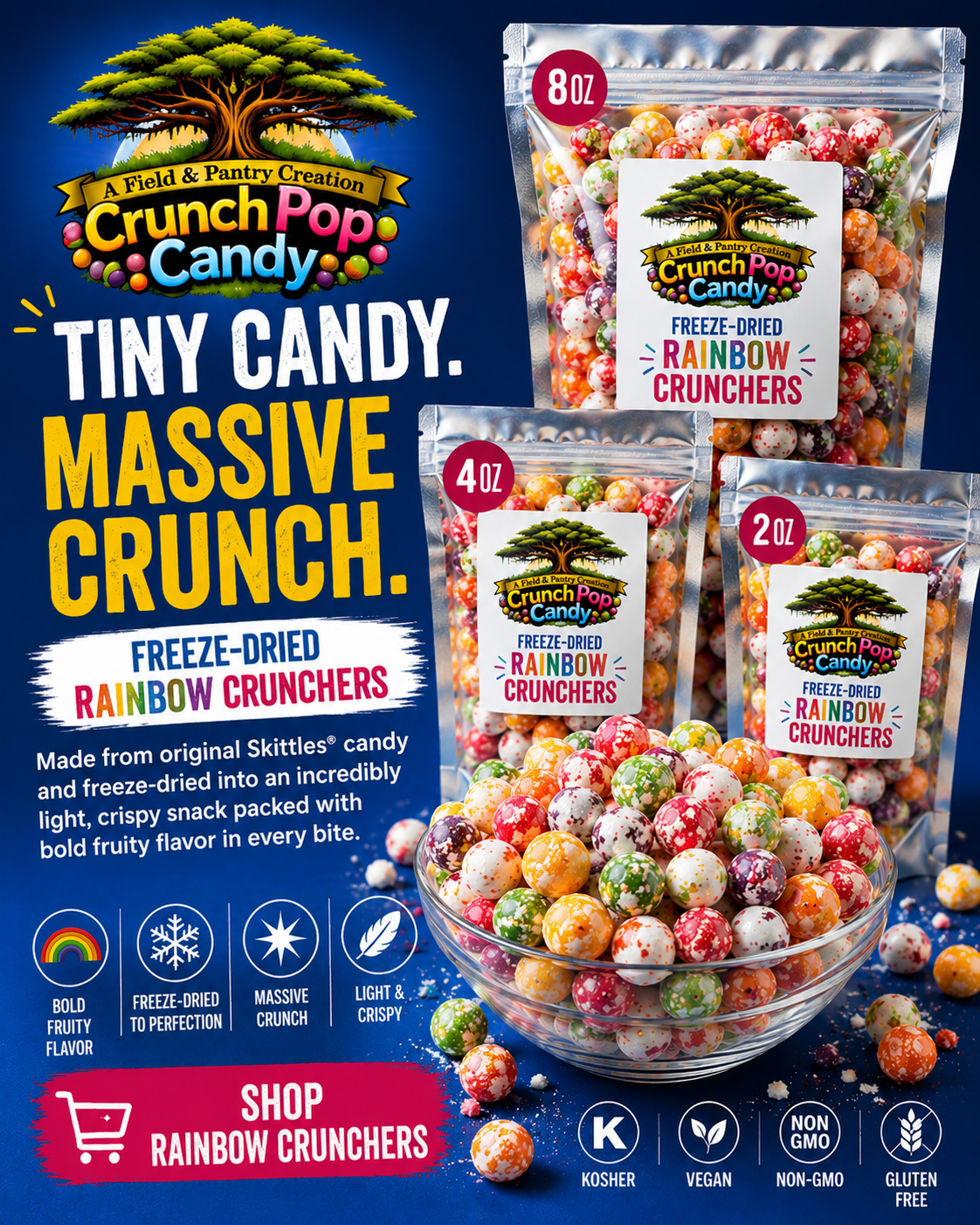 Crunch Pop Candy freeze-dried candy product advertisement featuring colorful freeze-dried candy and branded packaging.