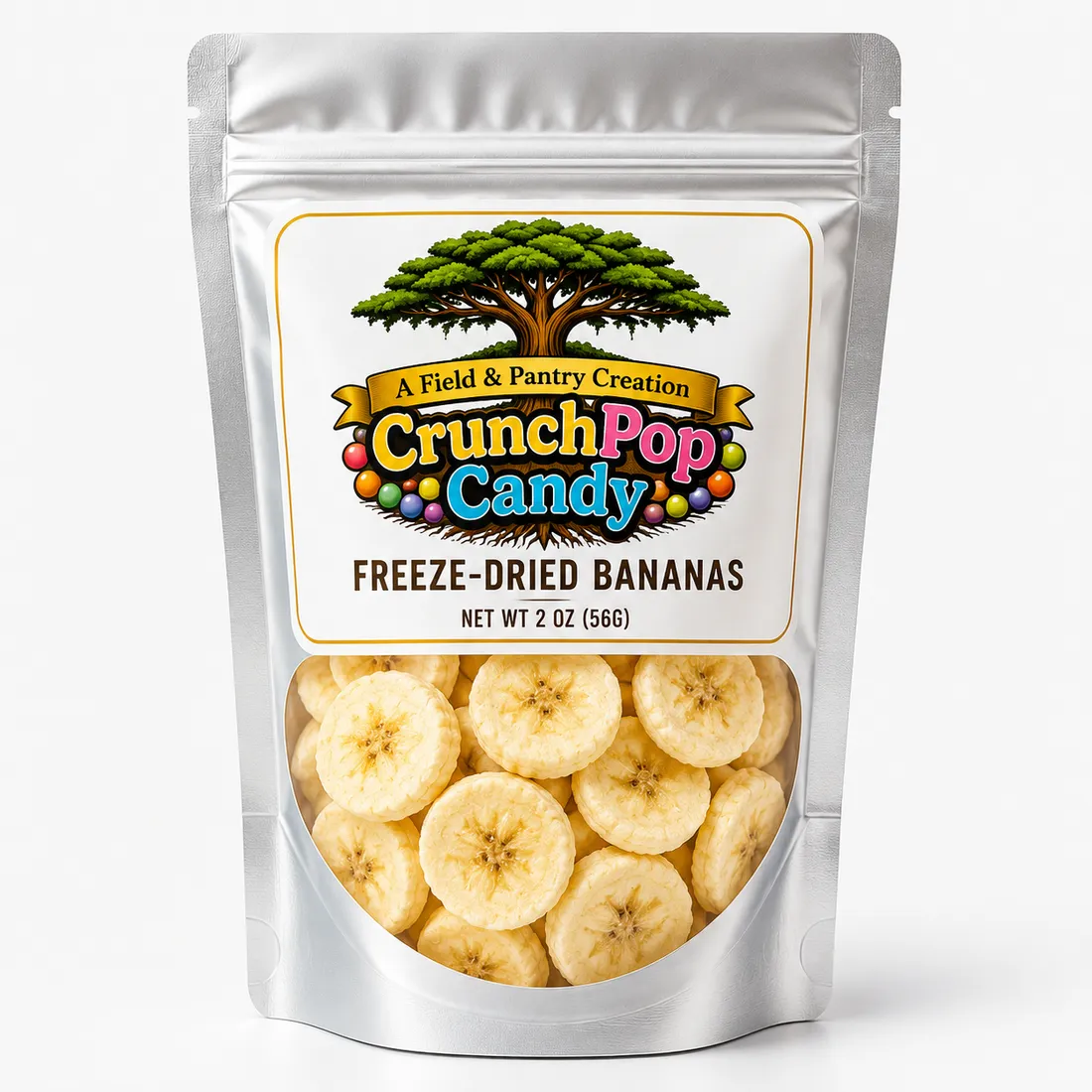 Crunch Pop Candy Freeze-Dried Bananas resealable pouch with banana slices inside