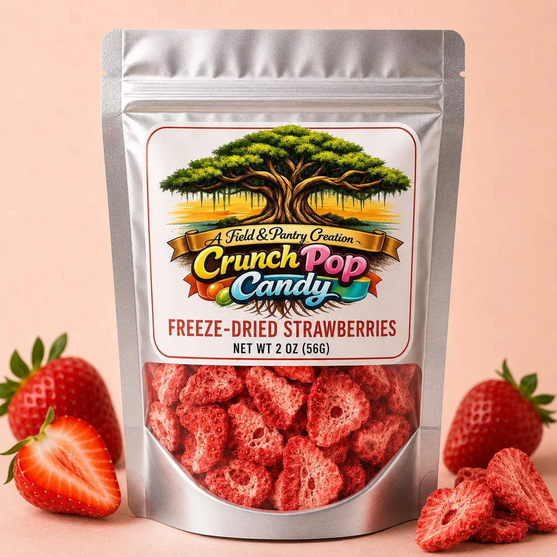 Crunch Pop Candy Freeze-Dried Strawberries resealable pouch with strawberry slices inside